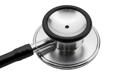A stethoscope lies on a white surface viewed from directly above with the chest piece prominently displayed