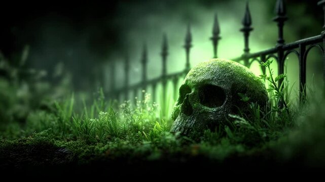 Moss covered human skull resting in lush green grass near a dark wrought iron fence
