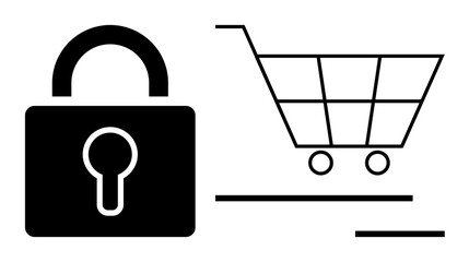 E-commerce security, online privacy, digital transactions, fraud prevention, payment systems, safe shopping. Lock and shopping cart icons show online safety. E-commerce security and online privacy © robu_s