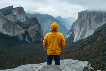 A man in a yellow hoodie standing on top of a mountain