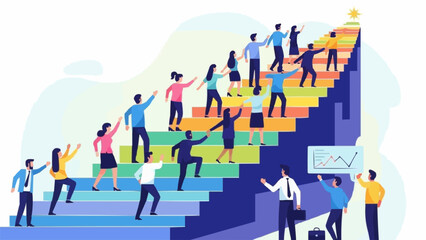 Diverse group of people climbing colorful stairs representing career growth and success.