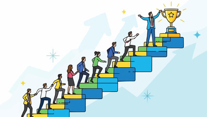 Team climbing stairs towards success and trophy illustration.