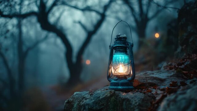 Antique lantern glowing with blue and orange light on mossy rocks in a foggy forest