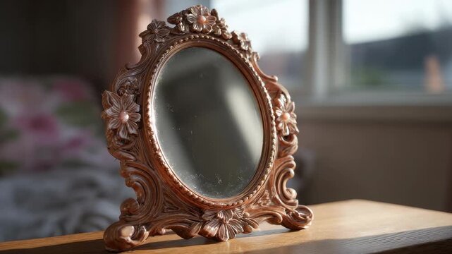 Ornate wooden framed oval mirror with floral embellishments rests on a table