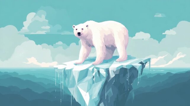 A solitary polar bear stands on a melting iceberg against a backdrop of a serene sea and cloudy sky