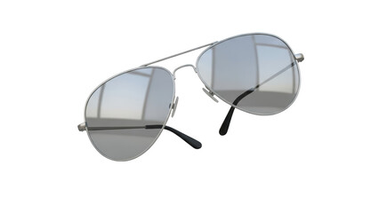 Silver aviator sunglasses with reflective lenses are shown on a white background.