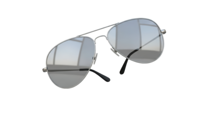 Silver aviator sunglasses with reflective lenses are shown on a white background.