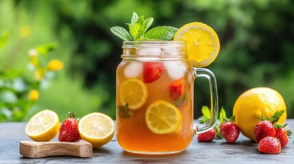 Fototapeta premium Refreshing Lemonade Beverage with Strawberries and Mint in Jar