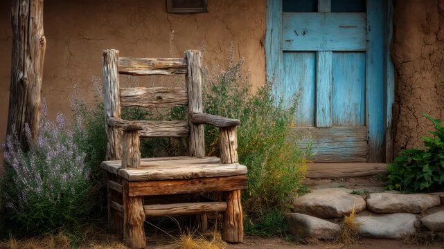 Rustic wooden chair and weathered blue door against adobe wall with greenery