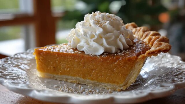 Slice of sweet pumpkin pie topped with whipped cream and sprinkled with nuts on a decorative plate