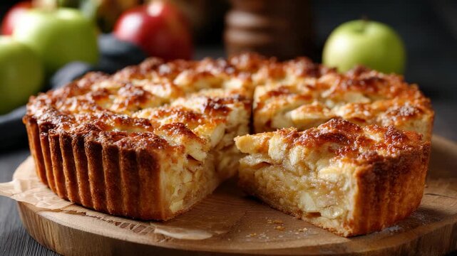 Freshly baked golden apple pie with a slice remp4ed on a rustic wooden board