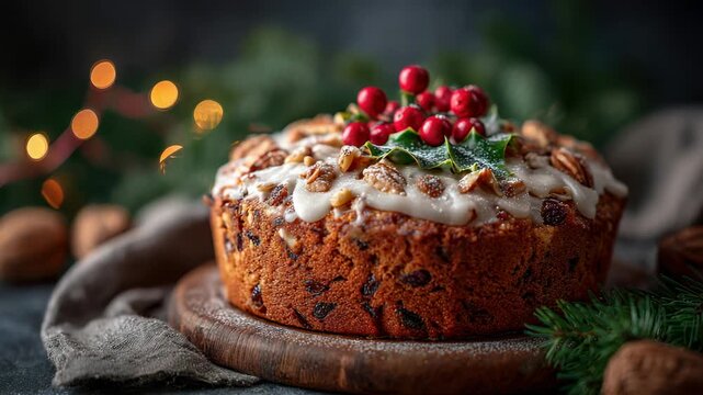 Festive fruitcake adorned with icing nuts holly and berries illuminated by bokeh lights