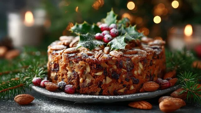 Rich fruitcake topped with almonds pecans and holly berries dusted with powdered sugar