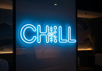 Cool ice blue neon Chill sign on frosted glass relaxing lounge atmosphere.