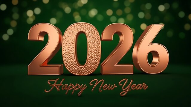 Happy new year 2026 greeting card with metallic numbers and bokeh background