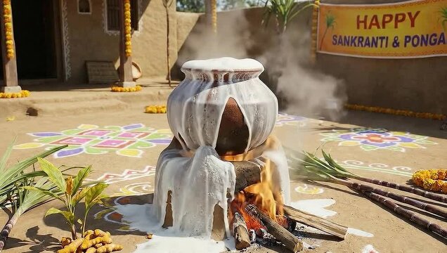 Bhogi/Lohri theme, mud fireplace with pot overflowing milk, sankranti theme, wishes video for social media
