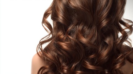 Fototapeta premium Back view of a woman with long curly brunette hair on a neutral background, showcasing natural texture, healthy volume, and stylish brown curls