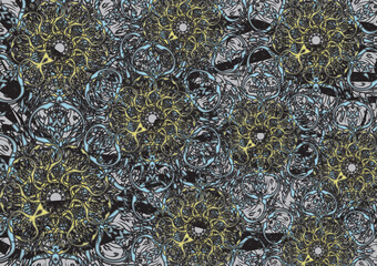 Dark textural backdrop in golden-blue-gray-black tonality for textiles or prints. Curly floral motifs for business concepts, covers, fashion trends, interior solutions, tiles,  dynamic posters