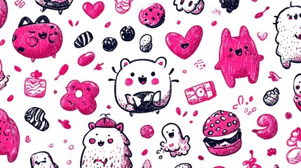 Whimsical illustration features diverse cartoon creatures, hearts, and assorted abstract shapes in vibrant pink and white, arranged on a seamless repeating pattern