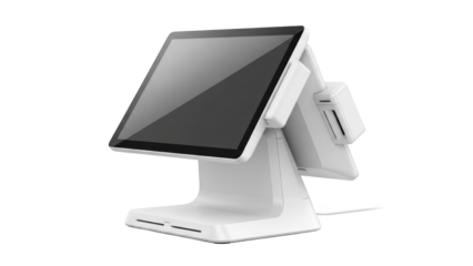 Modern white tablet point sale terminal on a stand with card reader attached