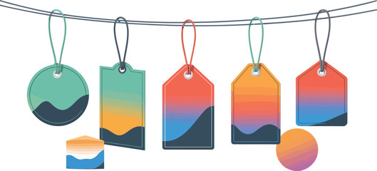 Collection of price tags design element with colorful gradient waves hanging on rope with small bonus shapes vector illustration