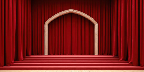 Red Stage Archway Tiered Steps Velvet Curtains Presentation Background A theatrical stage setting featuring a central archway framed by rich