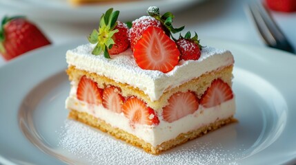 Delicious Strawberry Cake Slices with Cream and Fresh Fruits Decor