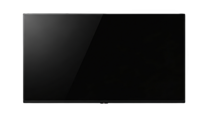 The image displays a sleek, black, flat-screen television on a white background.