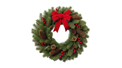 A Christmas wreath adorned with pinecones, red berries, and a bow is displayed on a white background.