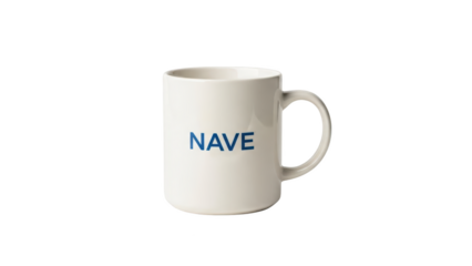 A white coffee mug with the word NAVE on it is displayed.