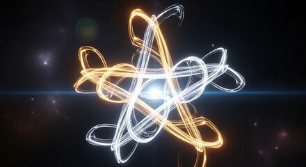 Abstract Atom - Energy Core with Glowing Orbitals in Dark Space.