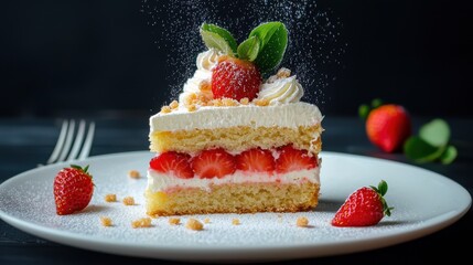 Delicious Strawberry Cake with Cream and Mint Garnish on Plate