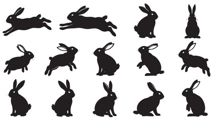 Set of black rabbit silhouettes in various poses isolated on transparent background