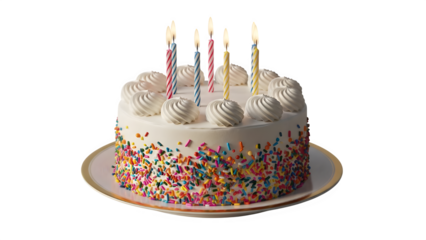 Delicious white birthday cake with colorful sprinkles and six lit candles resting on a golden edged platter