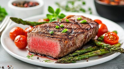 Delicious Grilled Steak with Juicy Tomatoes and Fresh Asparagus