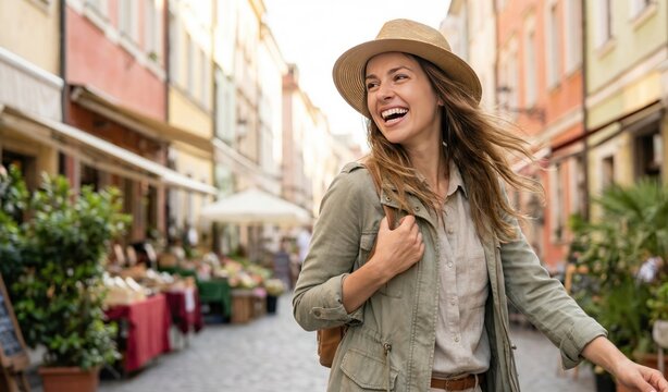 Happy female traveler with backpack exploring historic city street and sitting on seaside cliffs at sunset - Powered by Adobe