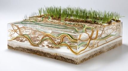 Abstract Soil Profile Block with Green Grass and Visible Roots in Layered Transparent Box on White Background, Studio Lighting