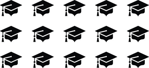 A vector set of fifteen uniform solid black graduation cap icons (mortarboards) with tassels, arranged in rows, perfect for educational achievement, commencement ceremony 