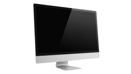 A sleek silver computer monitor displays a black screen in a modern setting.