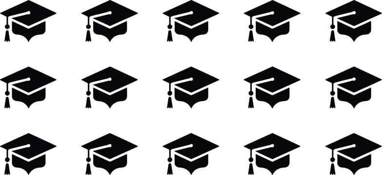 A vector set of fifteen uniform solid black graduation cap icons (mortarboards) with tassels, arranged in rows, perfect for educational achievement, commencement ceremony 