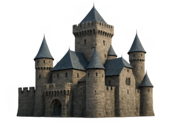 Medieval stone castle with multiple towers and turrets standing tall, a historical fantasy fortress on transparent background