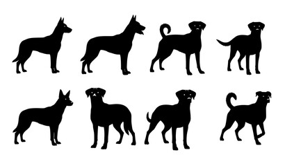 Black standing dog silhouette vector set with dynamic canine poses