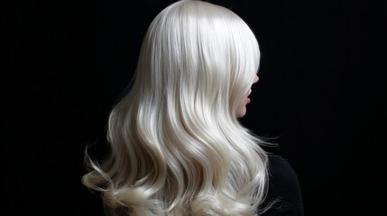 Naklejka premium Platinum blonde hair with smooth texture and luminous shine, close-up beauty detail showcasing cool-toned light blonde hairstyle and healthy modern hair styling
