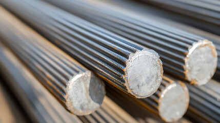A detailed, close-up perspective of bundled metal rods, highlighting their ridged textures and circular cross-sections, showcasing industrial material and precision engineering.