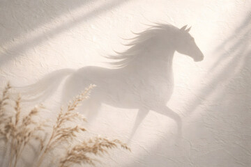 Soft silhouette of a running horse in misty beige tones, evoking freedom, spirit, and dreamlike motion