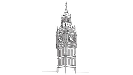 Black and white sketch of a tall clock tower with intricate architectural details