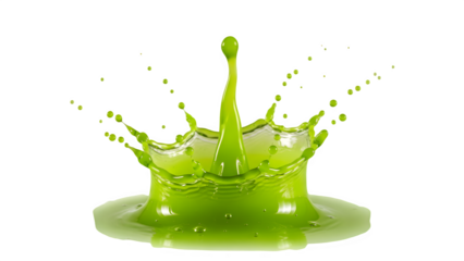 Vibrant lime green liquid splash captured mid-air creating a beautiful crown effect isolated on black