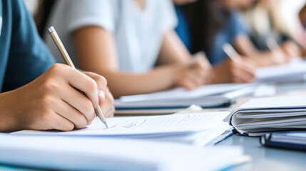 Students focusing on their work, engaged in learning, taking notes during class or working on a project collaboratively, fostering education in a classroom setting.