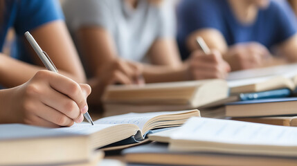 Engaged students diligently taking notes during a lecture. The focus is on the hand holding a pen and actively writing in a notebook, surrounded by educational resources.