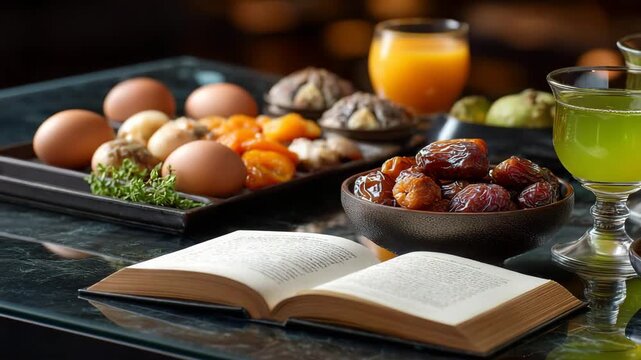 Delicious Ramadan breakfast spread with dates and juice